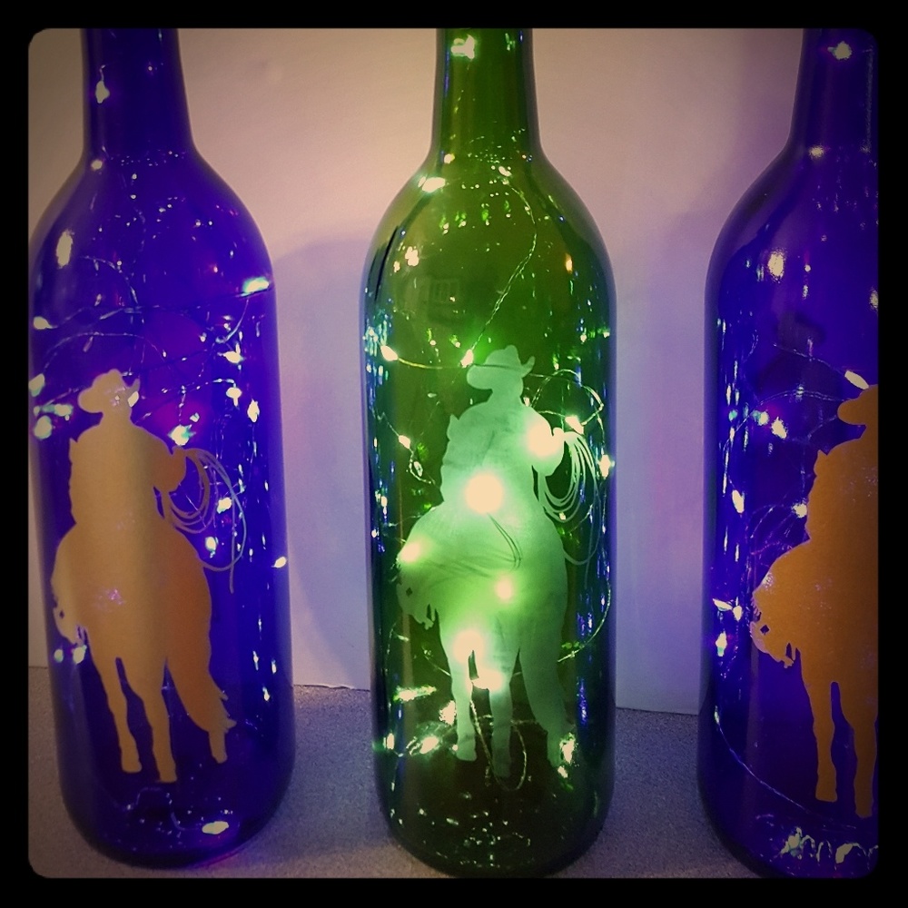 Cowboy with horse etched glass and inked